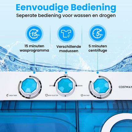 Costway XL Camping wasmachine met Dubbele Trommel 6,5 kg Was & 2 kg Centrifugecapaciteit Blauw - Compacte Wasmachine – Studenten Wasmachine