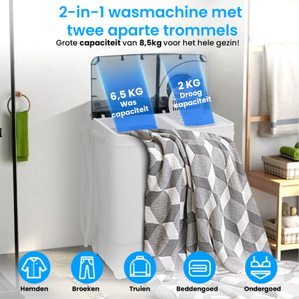 Costway XL Camping Wasmachine - Dubbele Trommel 6,5 kg Was & 2 kg Centrifugecapaciteit - Compacte Wasmachine – Studenten Wasmachine Zwart