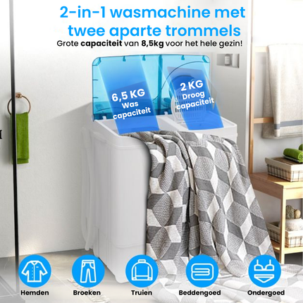 Costway XL Camping wasmachine met Dubbele Trommel 6,5 kg Was & 2 kg Centrifugecapaciteit Blauw - Compacte Wasmachine – Studenten Wasmachine
