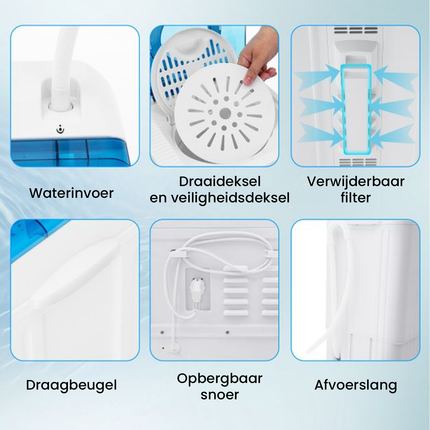 Costway XL Camping wasmachine met Dubbele Trommel 6,5 kg Was & 2 kg Centrifugecapaciteit Blauw - Compacte Wasmachine – Studenten Wasmachine
