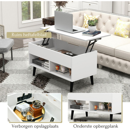 Trendmix Multifunctionele Salontafel Uitklapbaar Wit - Lift-Top Koffietafel - Verstelbare Woonkamer Tafel 80 x 40 x 44,5 cm