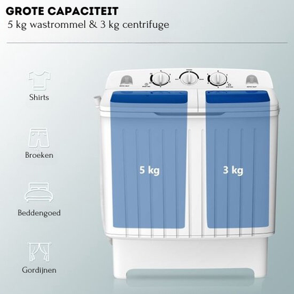 Trendmix camping wasmachine met dubbele trommel 5 Kg was / 3 Kg centrifuge laadvermogen wit / blauw