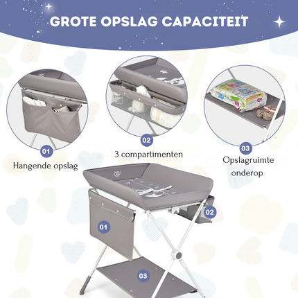Baby Joy 4-in-1 Inklapbare Babycommode – Grijs – Verstelbaar – Met Wielen, Veiligheidsgordel & Opbergruimte – Luiertafel