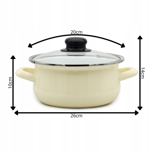 Emaille Kookpan met Glazen Deksel 2,5 Liter – 20 cm – Geëmailleerde Pan – Crème