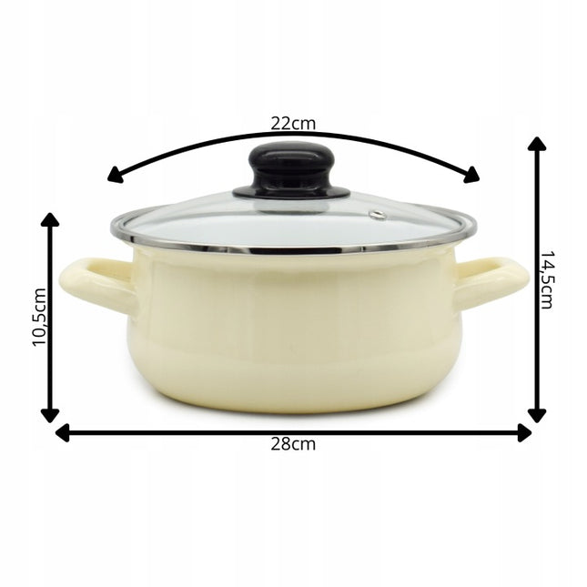 Emaille Kookpan met Glazen Deksel 3,5 Liter – 22 cm – Geëmailleerde Pan – Crème
