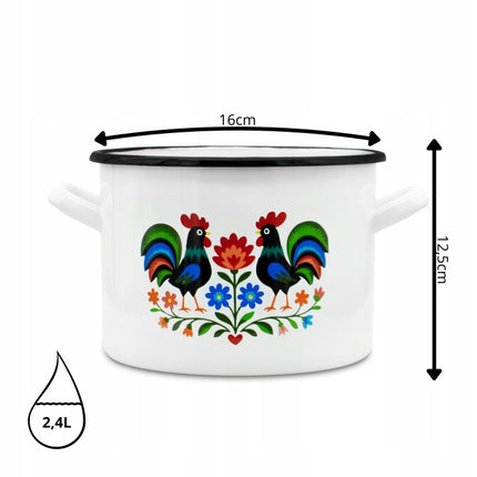Emaille Kookpan 2,4 Liter – Geëmailleerde Pan 16 cm – Kleine Kookpot met Folk Design – Wit