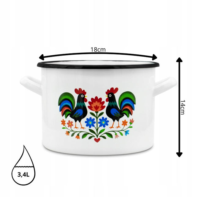 Emaille Kookpan 3,4 Liter – Geëmailleerde Pan 18 cm – Kookpot met Folk Design – Wit