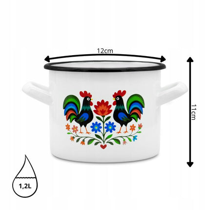Emaille Kookpan 1,2 Liter – Geëmailleerde Pan 12 cm – Kleine Kookpot met Folk Design – Wit