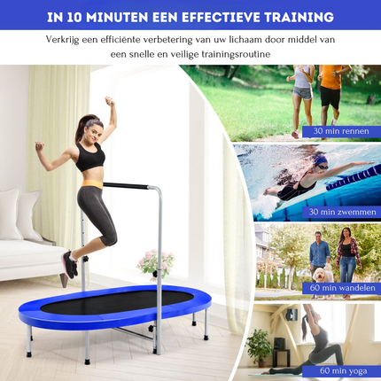 Trendmix XL Dubbele Fitness Trampoline voor 2 personen - 150 kg belasting - Opvouwbare Mini Trampoline Met Verstelbare Leuning - Voor volwassenen en kinderen - 154 x 89 x 92-132 cm - Blauw