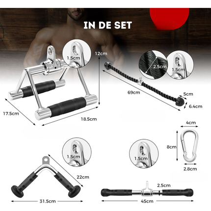 Trendmix 5-Delige Fitness Accessoire Set - Krachtstation Accessoires - Sportschool Thuis - V-Handgreep, Roterende Stang Recht, Dubbel D Handvat, Triceps Koord - Zwart