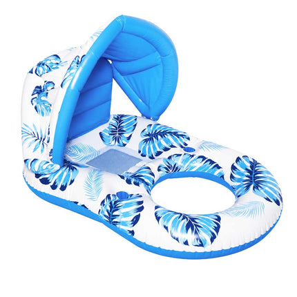 Opblaasbaar Luchtbed met Zonnescherm – Waterstoel 2-in-1 – Opblaasbare Zwemstoel met Rugleuning – Bekerhouder – Blauw – Tot 100 kg