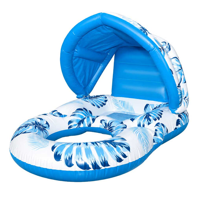 Opblaasbaar Luchtbed met Zonnescherm – Waterstoel 2-in-1 – Opblaasbare Zwemstoel met Rugleuning – Bekerhouder – Blauw – Tot 100 kg