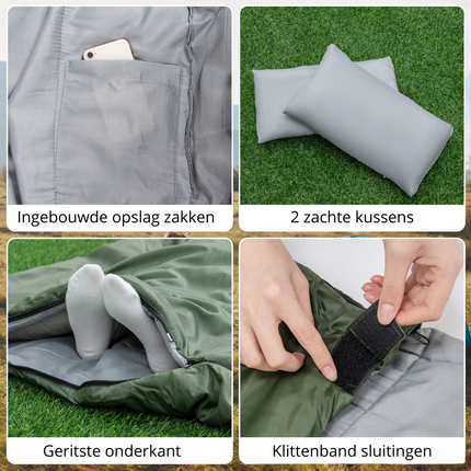 Trendmix Dubbele Slaapzak 2-in-1 – Waterdicht – Inclusief 2 Kussens & Draagtas – 220x150 cm – Groen / Grijs – Voor Kamperen & Outdoor