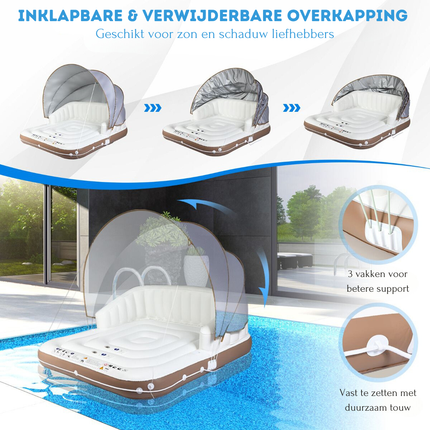 Trendmix Opblaasbaar Zwembadeiland Canopy Island – Met Verstelbaar Afdak – Loungebed Voor 2 Volwassenen – 180 × 160 cm – Inclusief Bekerhouders