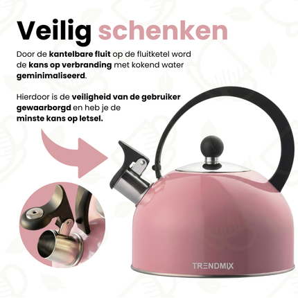 Trendmix Fluitketel Roze 2,5 Liter – Lichtgewicht RVS – Cool-Touch Handvat – Geschikt Voor Inductie, Gas En Alle Warmtebronnen