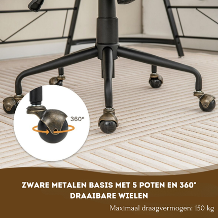 Trendmix Fluwelen Bureaustoel Grijs – Ergonomisch Verstelbaar – Kantelbare Rugleuning – 150 kg Draagvermogen – Retro Design met Koperen Wielen