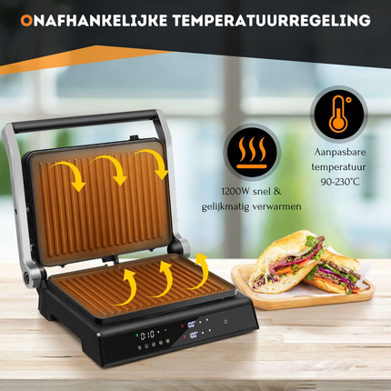 Trendmix XL Contactgrill 3-in-1 – Elektrische Multigrill met LED-display – 230 °C – Antiaanbaklaag – 5 Kookstanden – Zwart