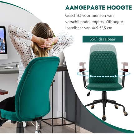 Trendmix Fluwelen Bureaustoel Groen – Ergonomisch – Verstelbare Zithoogte – Kantelbare Rug – Draaibaar – 150 kg Draagvermogen – Retro Thuiskantoorstoel