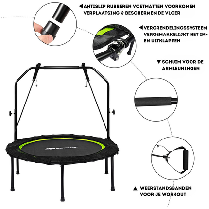 Trendmix Opvouwbare Fitness Trampoline Met Weerstandsbanden - Mini Trampoline - Verstelbaar Zwart/Groen Ø102 cm