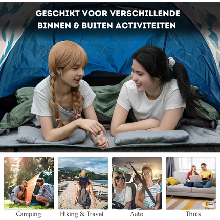 Trendmix Dubbele Slaapzak 2-in-1 – Waterdicht – Inclusief 2 Kussens & Draagtas – 220x150 cm – Groen / Grijs – Voor Kamperen & Outdoor