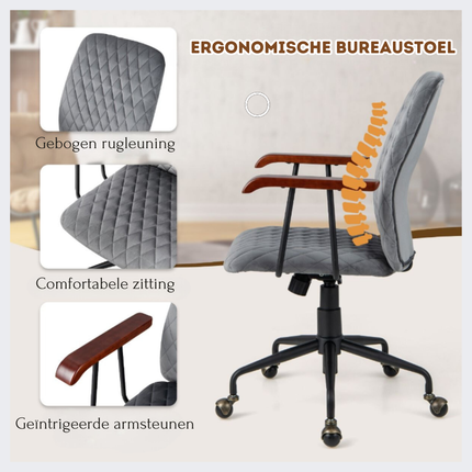Trendmix Fluwelen Bureaustoel Grijs – Ergonomisch Verstelbaar – Kantelbare Rugleuning – 150 kg Draagvermogen – Retro Design met Koperen Wielen