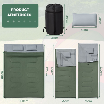 Trendmix Dubbele Slaapzak 2-in-1 – Waterdicht – Inclusief 2 Kussens & Draagtas – 220x150 cm – Groen / Grijs – Voor Kamperen & Outdoor