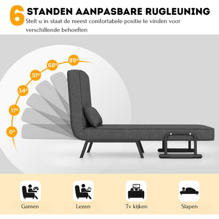 Trendmix 4-in-1 Slaapstoel Donkergrijs – Inklapbare Slaapbank – Verstelbare Rugleuning – Slaapfauteuil 1 Persoon – Tot 150 kg Draagvermogen