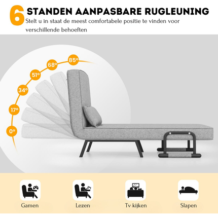 Trendmix 4-in-1 Slaapstoel Lichtgrijs – Inklapbare Slaapbank – Verstelbare Rugleuning – Slaapfauteuil 1 Persoon – Tot 150 kg Draagvermogen