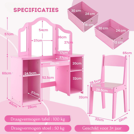 Trendmix 2 in 1 Kaptafel kind met Stoel En 3 Spiegels 104 x 40 x 117 cm Roze - Set voor Kinderen - Make-Up Tafel - Opmaaktafel