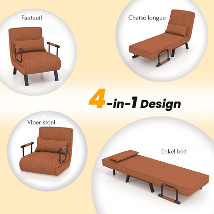 2de kansje Trendmix 4-in-1 Uitklapbare Slaapstoel Belastbaar Tot 150 kg Bruin/Koffie - Inklapbare Slaapbank Met 6 Standen Verstelbare Rugleuning - Modern Design Logeerbed - Slaapfauteuil