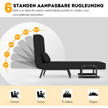 Trendmix 4-in-1 Slaapstoel Zwart – Inklapbare Slaapbank – Verstelbare Rugleuning – Slaapfauteuil 1 Persoon – Tot 150 kg Draagvermogen