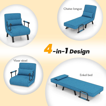 Trendmix 4-in-1 Slaapstoel Blauw – Inklapbare Slaapbank – Verstelbare Rugleuning – Slaapfauteuil 1 Persoon – Tot 150 kg Draagvermogen