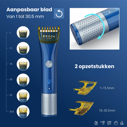 Brock Tondeuse & Trimmer voor Hoofd & Baard – Professionele Haartrimmer Mannen – Draadloos – Waterdicht IPX6 – LED Display – 60 Min Gebruik – Blauw