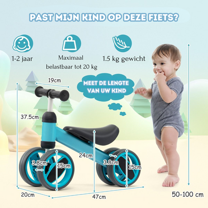 Trendmix Loopfiets Met 4 Wielen Blauw - Balance Bike - Kinderloopfiets - Balansfiets - 1 tot 2 Jaar