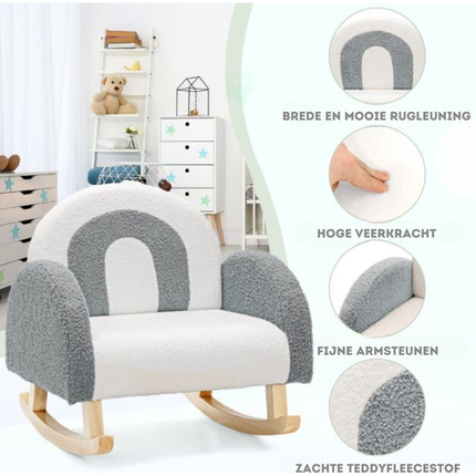 Trendmix Kinderschommelstoel Teddy Grijs – Schommelstoel Kind 3-5 Jaar – Ergonomisch & Zacht – Houten Onderstel – 50,8 × 49,5 × 50,8 cm