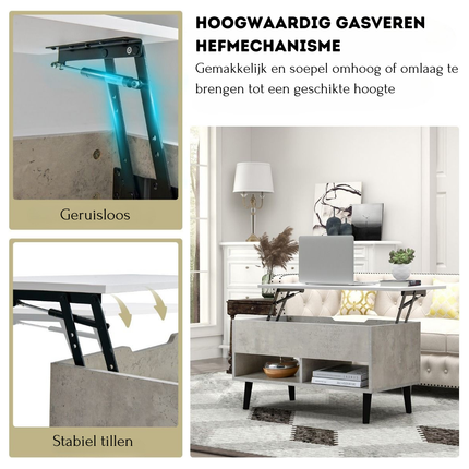 Trendmix Multifunctionele Salontafel Uitklapbaar Grijs - Lift-Top Koffietafel - Verstelbare Woonkamer Tafel 80 x 40 x 44,5 cm