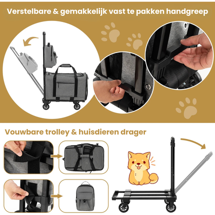 2de kansje Trendmix Transporttrolley Hond & Kat – Inklapbare Draagtas en Hondenbuggy op Wieltjes – Telescoopgreep – Grijs