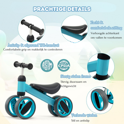 Trendmix Loopfiets Met 4 Wielen Blauw - Balance Bike - Kinderloopfiets - Balansfiets - 1 tot 2 Jaar