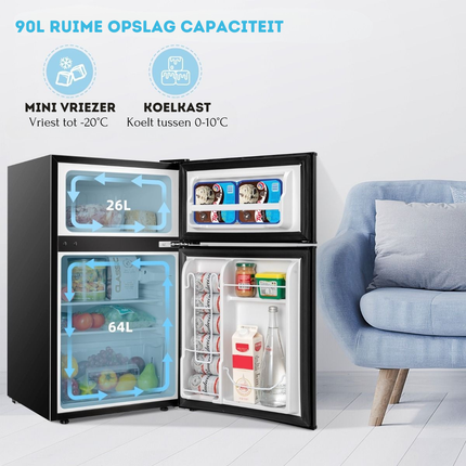 2de kansje Costway Mini Koelkast Met Apart Vriesvak 90L Zwart - Tafelmodel Compacte Koelkast - Koelvriescombinatie - 48,5 x 49,5 x 86 cm