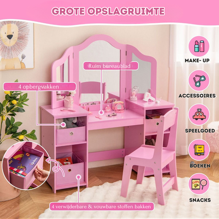 Trendmix 2 in 1 Kaptafel kind met Stoel En 3 Spiegels 104 x 40 x 117 cm Roze - Set voor Kinderen - Make-Up Tafel - Opmaaktafel