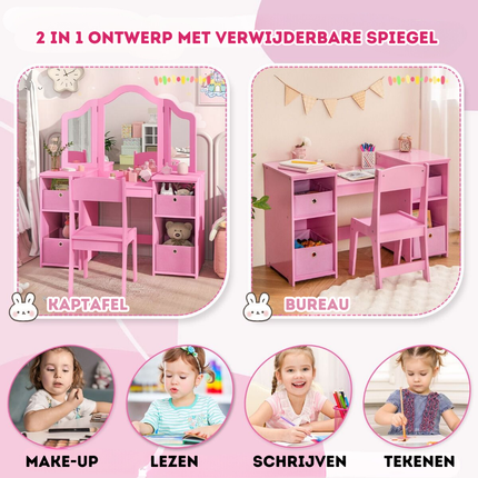 Trendmix 2 in 1 Kaptafel kind met Stoel En 3 Spiegels 104 x 40 x 117 cm Roze - Set voor Kinderen - Make-Up Tafel - Opmaaktafel