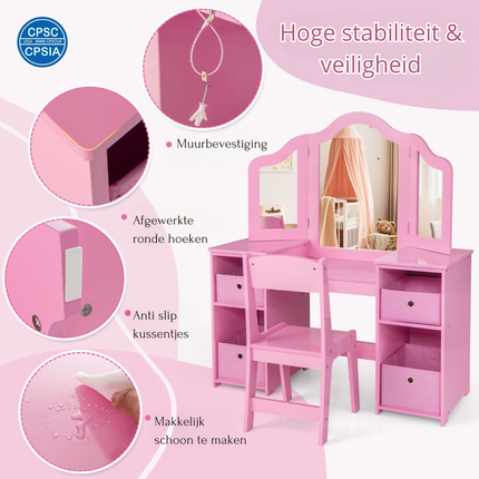 Trendmix 2 in 1 Kaptafel kind met Stoel En 3 Spiegels 104 x 40 x 117 cm Roze - Set voor Kinderen - Make-Up Tafel - Opmaaktafel