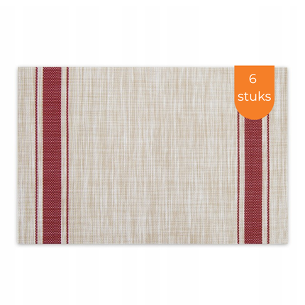 Placemats Set 6 Stuks 30x45 cm – Beige met Rode Strepen – Afwasbare Kunststof Placemats – Hittebestendig