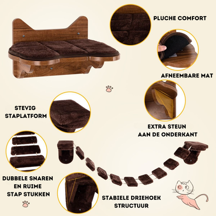 Trendmix Katten Klimmuur Met Bed en Loopbrug – Wandmontage – Duurzaam Hout – Voor Klimmen, Rusten en Spelen – Bruin