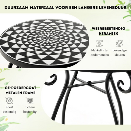 Mozaïek Bijzettafel voor Binnen en Buiten - Ronde Terrastafel met Weerbestendig keramiek Tafelblad - Kleine Plantenstandaard 30 x 30 x 50 - Zwart/Wit