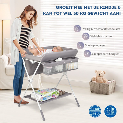 Baby Joy 4-in-1 Inklapbare Babycommode – Grijs – Verstelbaar – Met Wielen, Veiligheidsgordel & Opbergruimte – Luiertafel