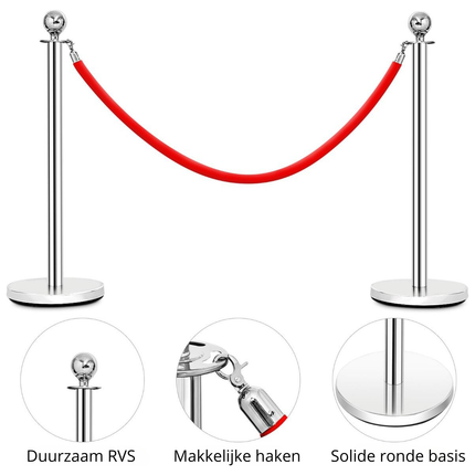 Trendmix Afzetpalen Set 4 Stuks – RVS – Fluwelen Rode Touwen 150 cm – Voor Wachtrijen en Evenementen