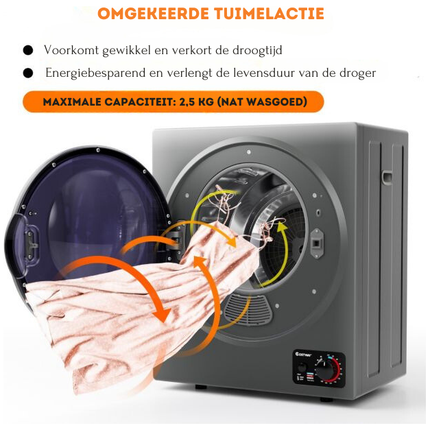 Costway Mini Wasdroger 2,5 kg – Compacte Elektrische Afvoerluchtdroger – 4 Droogmodi – RVS Trommel – Stil (<44 dB) – Grijs