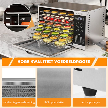 Costway Voedseldroger RVS – 8 Laags Droogoven – Timer & Temperatuurregeling – Droog Fruit, Vlees, Groenten – Met 360° Ventilatie – Zilver