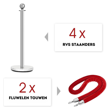 Trendmix Afzetpalen Set 4 Stuks – RVS – Fluwelen Rode Touwen 150 cm – Voor Wachtrijen en Evenementen